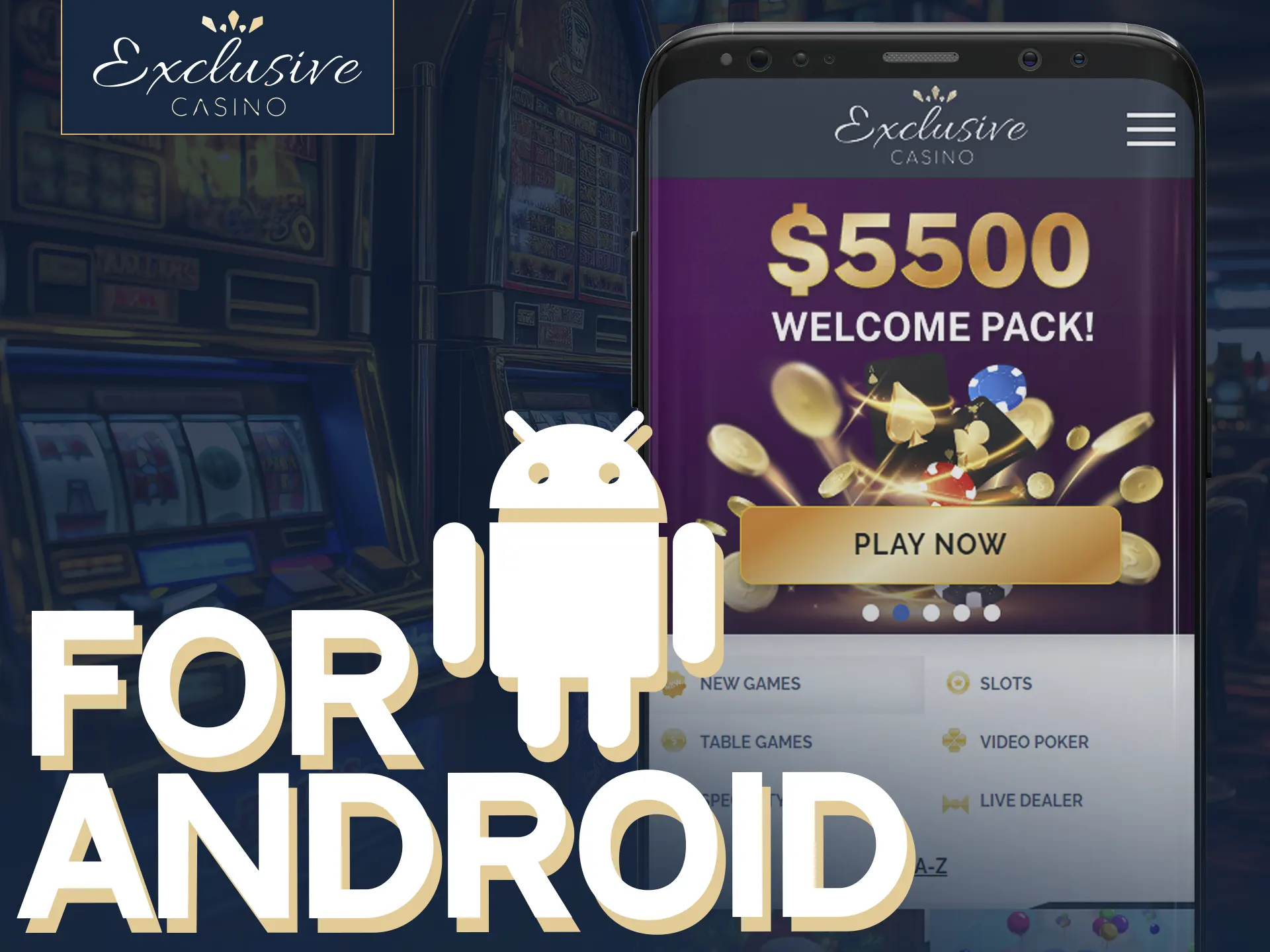 Install an Android app: change settings, download apk, install, receive notification for Exclusive Casino app.