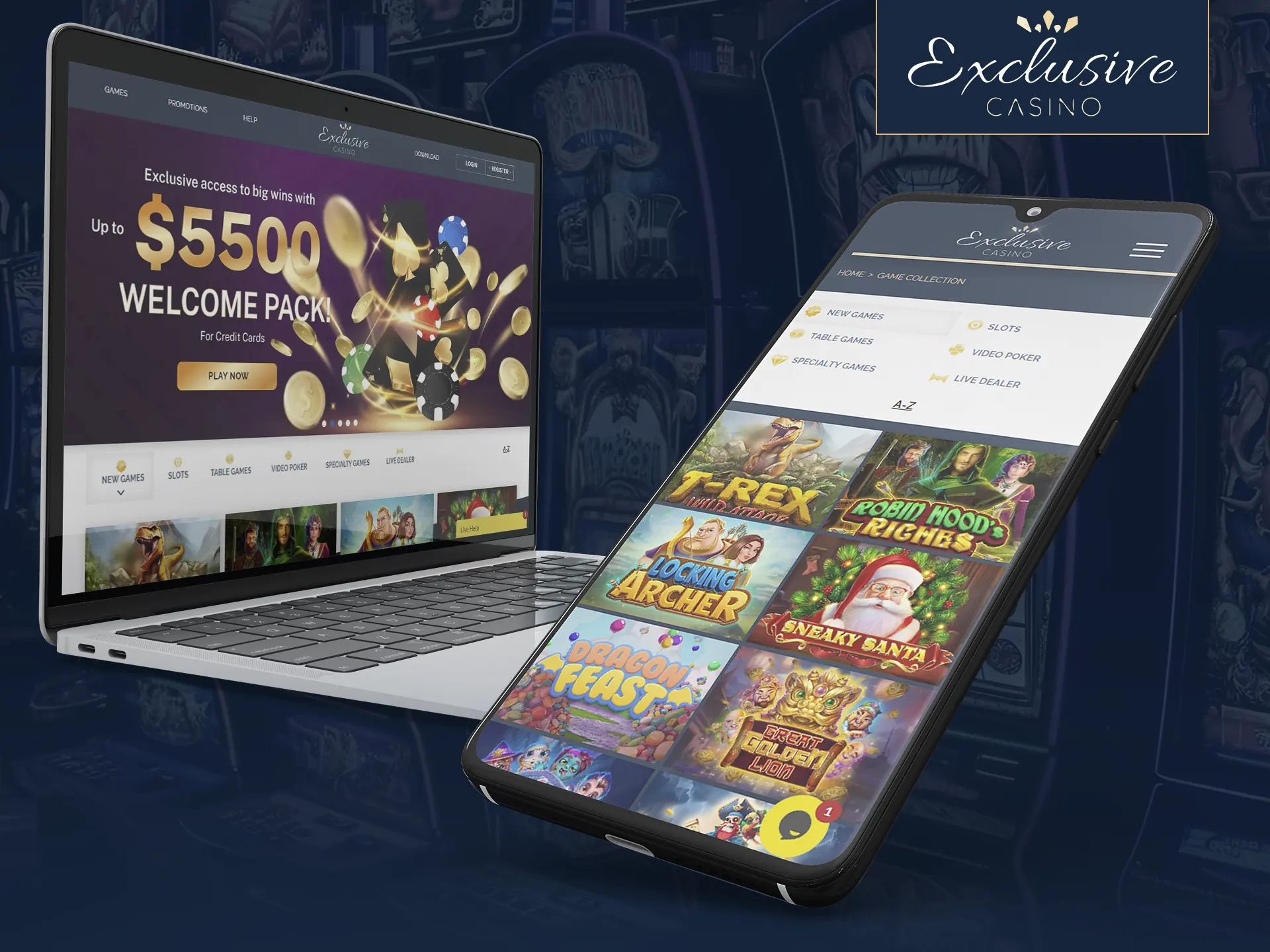 Experience Exclusive Casino on desktops and mobile devices.